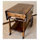 Vintage Wooden Drop-Leaf Tea Cart with Drawer and Wheels
