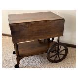 Vintage Wooden Drop-Leaf Tea Cart with Drawer and Wheels