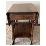 Vintage Wooden Drop-Leaf Tea Cart with Drawer and Wheels