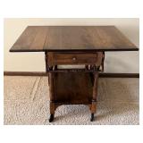 Vintage Wooden Drop-Leaf Tea Cart with Drawer and Wheels