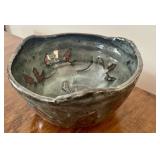 K - Handmade Signed Pottery Bowl with Abstract Design