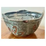 K - Handmade Signed Pottery Bowl with Abstract Design