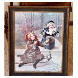LR - Framed Vintage Winter Print of Children Playing in Snow