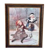 LR - Framed Vintage Winter Print of Children Playing in Snow