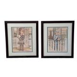 Set of 2 Jamie Bedford Framed Vintage Prints of Children with Rabbits
