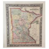 1862 Hand-Colored Antique County Map of Minnesota, Print