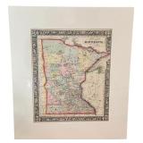 1862 Hand-Colored Antique County Map of Minnesota, Print