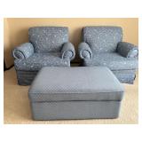 Pair of Broyhill Upholstered Armchairs with Ottoman in Blue Floral Pattern