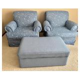 Pair of Broyhill Upholstered Armchairs with Ottoman in Blue Floral Pattern