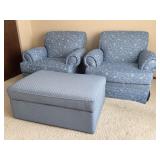 Pair of Broyhill Upholstered Armchairs with Ottoman in Blue Floral Pattern
