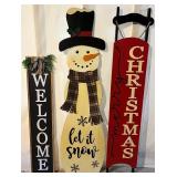 Christmas and Welcome Wooden Porch Sign Trio with Snowman Sled Decor