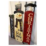 Christmas and Welcome Wooden Porch Sign Trio with Snowman Sled Decor