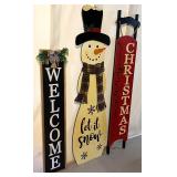 Christmas and Welcome Wooden Porch Sign Trio with Snowman Sled Decor