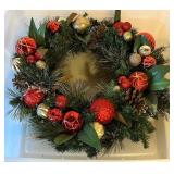 Decorative Holiday Wreath with Red and Gold Ornaments