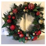 Decorative Holiday Wreath with Red and Gold Ornaments