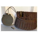 Wicker Creel Fishing Basket with Strap and Vintage Pottery Canteen