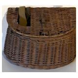 Wicker Creel Fishing Basket with Strap and Vintage Pottery Canteen