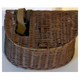 Wicker Creel Fishing Basket with Strap and Vintage Pottery Canteen