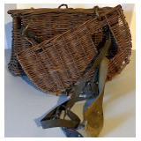 Wicker Creel Fishing Basket with Strap and Vintage Pottery Canteen