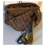 Wicker Creel Fishing Basket with Strap and Vintage Pottery Canteen