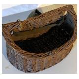 Wicker Creel Fishing Basket with Strap and Vintage Pottery Canteen