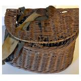 Wicker Creel Fishing Basket with Strap and Vintage Pottery Canteen