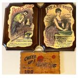 Collection of 4 Vintage Style Wooden Wall Plaques with Pears Soap and Cheer Up Designs