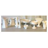 Set of 8 White Milk Glass Pitchers, Vases, and Compotes Assorted Styles