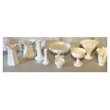 Set of 8 White Milk Glass Pitchers, Vases, and Compotes Assorted Styles