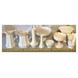 Set of 8 White Milk Glass Pitchers, Vases, and Compotes Assorted Styles