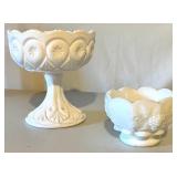 Set of 8 White Milk Glass Pitchers, Vases, and Compotes Assorted Styles