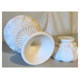 Set of 8 White Milk Glass Pitchers, Vases, and Compotes Assorted Styles