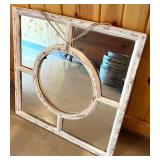 Distressed White Framed Square Wall Mirror with Circular Center