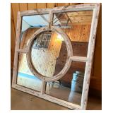 Distressed White Framed Square Wall Mirror with Circular Center
