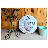 Plant Stand, Sun and Moon Wall Art, and Leaf Pattern Ceramic Pot Set
