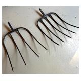 Pair of Vintage Metal Pitchfork Heads Farm Tool Attachments