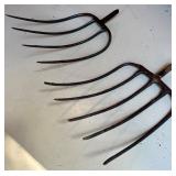 Pair of Vintage Metal Pitchfork Heads Farm Tool Attachments