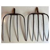 Pair of Vintage Metal Pitchfork Heads Farm Tool Attachments