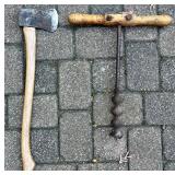 Antique Axe and Large Wooden Handle Auger Tool Set