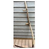 Antique Wooden Hand Scythe with Curved Blade and Dual Handles