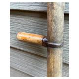 Antique Wooden Hand Scythe with Curved Blade and Dual Handles