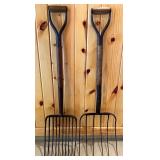Pair of Vintage Pitchforks with Wooden Handles