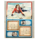 K - Vintage 1944 Calendar Page with Skiing Artwork 10 x 14 Inch