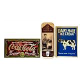 LR - Collection of 3 Vintage Style Metal Signs Including Coca-Cola, Dairymen Thermometer, and Dairy Made Ice Cream
