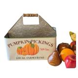 Farmhouse Decor Set with Pumpkin Pickings Metal Caddy, 19 Inch Metal Tray, Faux Fruit, and Pear Plate