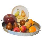 Farmhouse Decor Set with Pumpkin Pickings Metal Caddy, 19 Inch Metal Tray, Faux Fruit, and Pear Plate