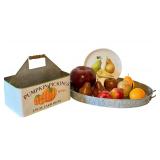 Farmhouse Decor Set with Pumpkin Pickings Metal Caddy, 19 Inch Metal Tray, Faux Fruit, and Pear Plate