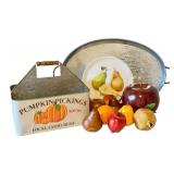 Farmhouse Decor Set with Pumpkin Pickings Metal Caddy, 19 Inch Metal Tray, Faux Fruit, and Pear Plate