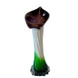 K - 11 Inch Italian Art Glass Vase with Green and Purple Swirl