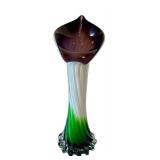 K - 11 Inch Italian Art Glass Vase with Green and Purple Swirl